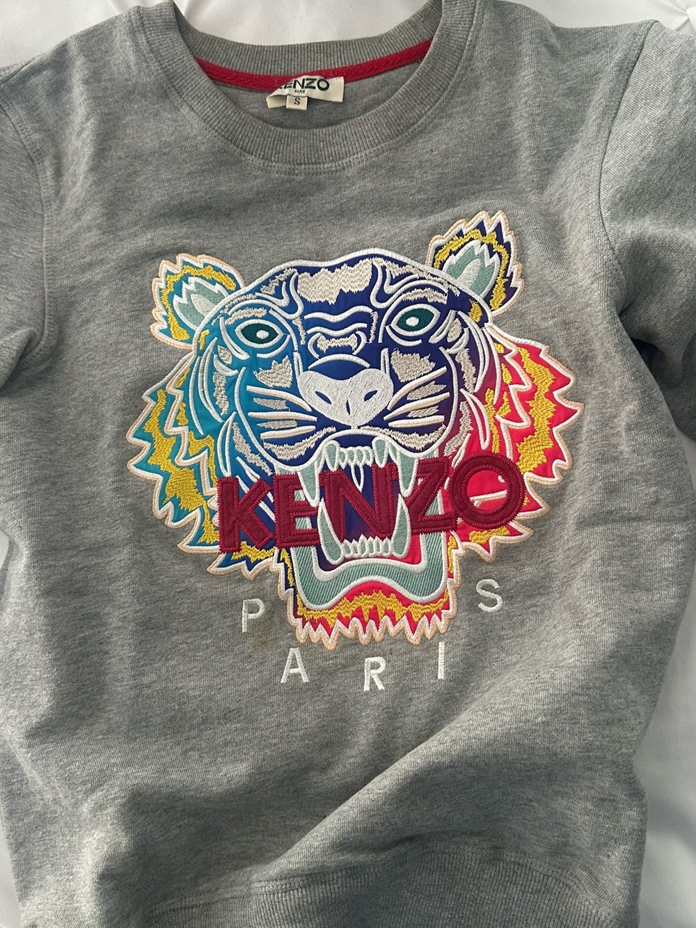 Kenzo Grey Sweatshirt with Multicolor Embroidered Tiger and Red Logo